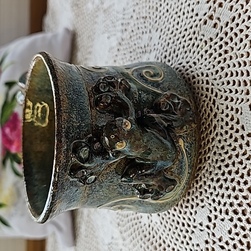 Pottery Mug with Frog crawling up the Mug. Handcrafted ans Signed.